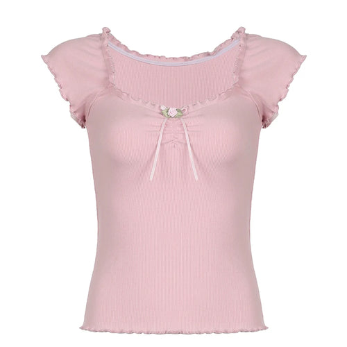 Load image into Gallery viewer, Sweet Pink Korean Slim Summer T-shirts for Women Folds Frill Coquette Clothes Top Tee Appliques Girls Short Sleeve
