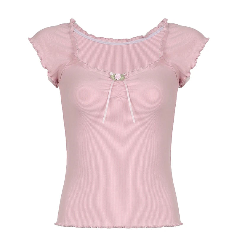 Sweet Pink Korean Slim Summer T-shirts for Women Folds Frill Coquette Clothes Top Tee Appliques Girls Short Sleeve