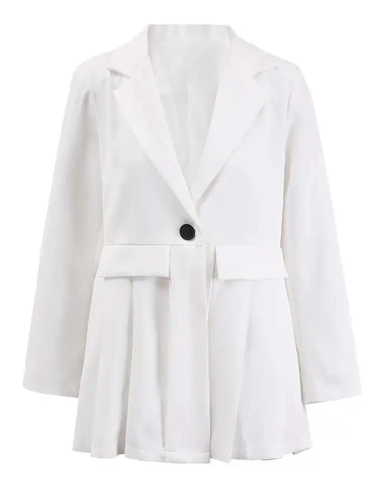 Women White Pleated Buckle Casual Blazer Loose New Lapel Long Sleeve Jacket Fashion Tide Spring Autumn 2025 2DA3933