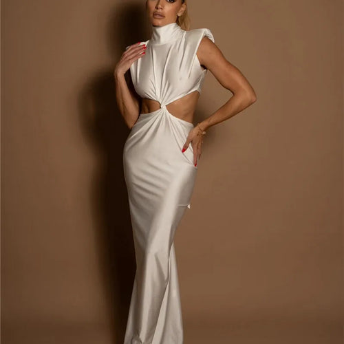 Load image into Gallery viewer, Hollow Out Turtleneck Sexy Maxi Dress For Women Fashion Solid Sleeveless Bodycon Tank Dresses Femme Club Party Dress
