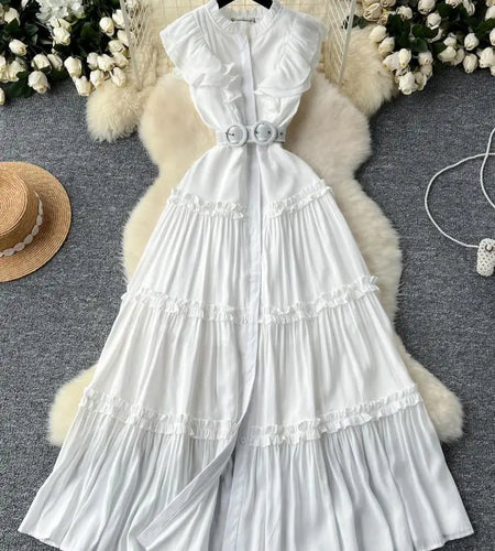Vintage New Summer Women Black Evening Party Ruffle Edge Long Dress French White Elegant Sleeveless Slim Prom Pleated Vest Dress