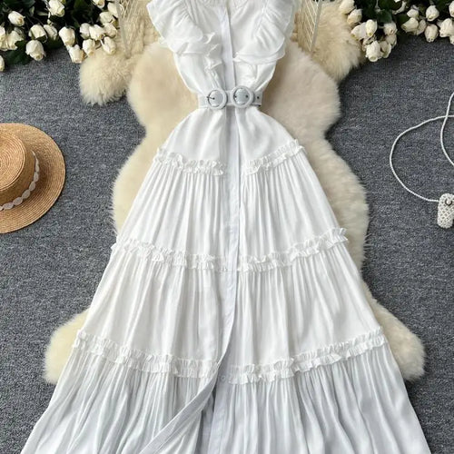 Load image into Gallery viewer, Vintage New Summer Women Black Evening Party Ruffle Edge Long Dress French White Elegant Sleeveless Slim Prom Pleated Vest Dress
