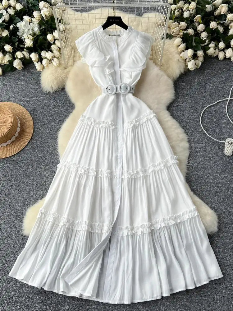 Vintage New Summer Women Black Evening Party Ruffle Edge Long Dress French White Elegant Sleeveless Slim Prom Pleated Vest Dress
