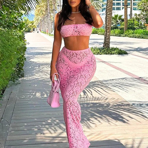 Load image into Gallery viewer, Sexy Lace Tight Two Piece Set For Women's Summer New Solid Color Lace Top High Waist Perspective Long Dress Set 2024
