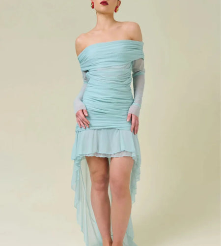 Elegant Long Sleeve Mesh Patchwork Ruffle Irregular Dress Female Sexy One Shoulder Fall Winter Party Club Evening Dress