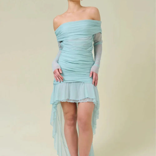 Load image into Gallery viewer, Elegant Long Sleeve Mesh Patchwork Ruffle Irregular Dress Female Sexy One Shoulder Fall Winter Party Club Evening Dress
