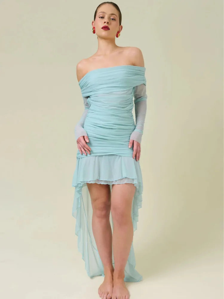 Elegant Long Sleeve Mesh Patchwork Ruffle Irregular Dress Female Sexy One Shoulder Fall Winter Party Club Evening Dress