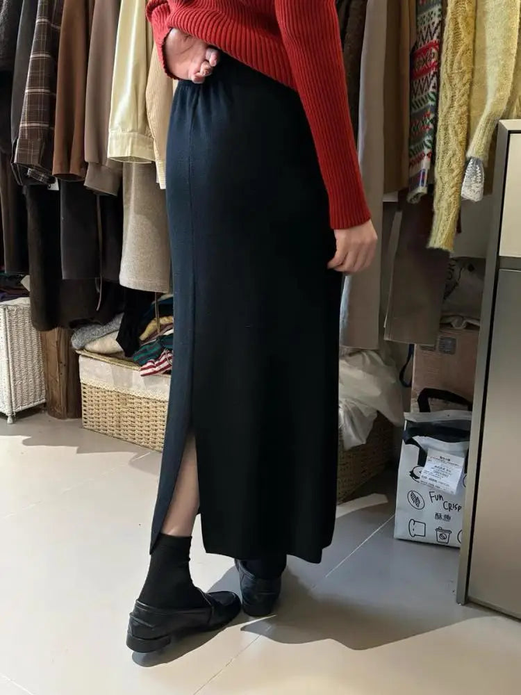 Korean Solid Drawstring Lace-up Elegant High Waist Long Skirt Women Versatile Split Skirt Streetwear 2024 Fashion Autumn Winter