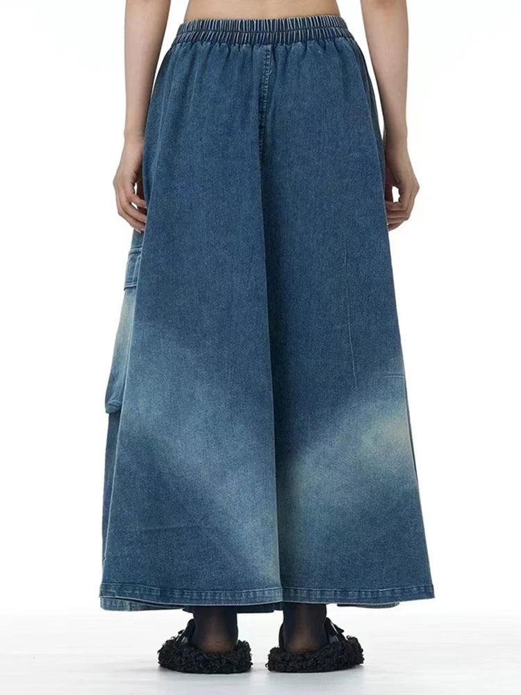 High Elastic Waist Blue Pocket Denim Vintage A-line Half-body Skirt Women Fashion Tide New Spring Autumn 2025 1DH9644