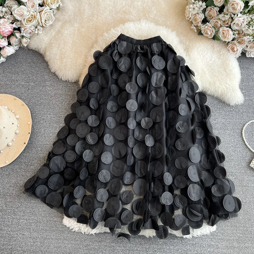 Load image into Gallery viewer, Solid 3d Flower Mesh Splicing Round Polka Dots Casual Skirt Spring Autumn Women Elastic High Waist Midi Skirt Kroean Style Trend
