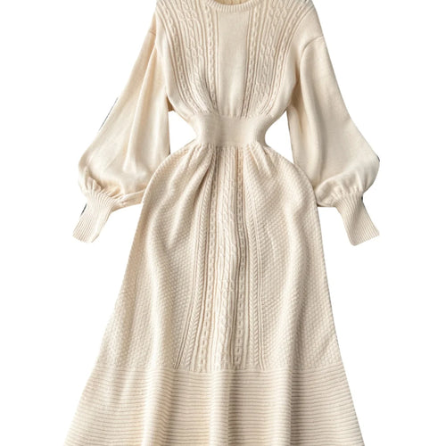 Load image into Gallery viewer, French Vintage Autumn Winter Black Beige Elegant Long Sleeve Vacation Knit Dress Women Khaki Round Neck High Waist Office Dress
