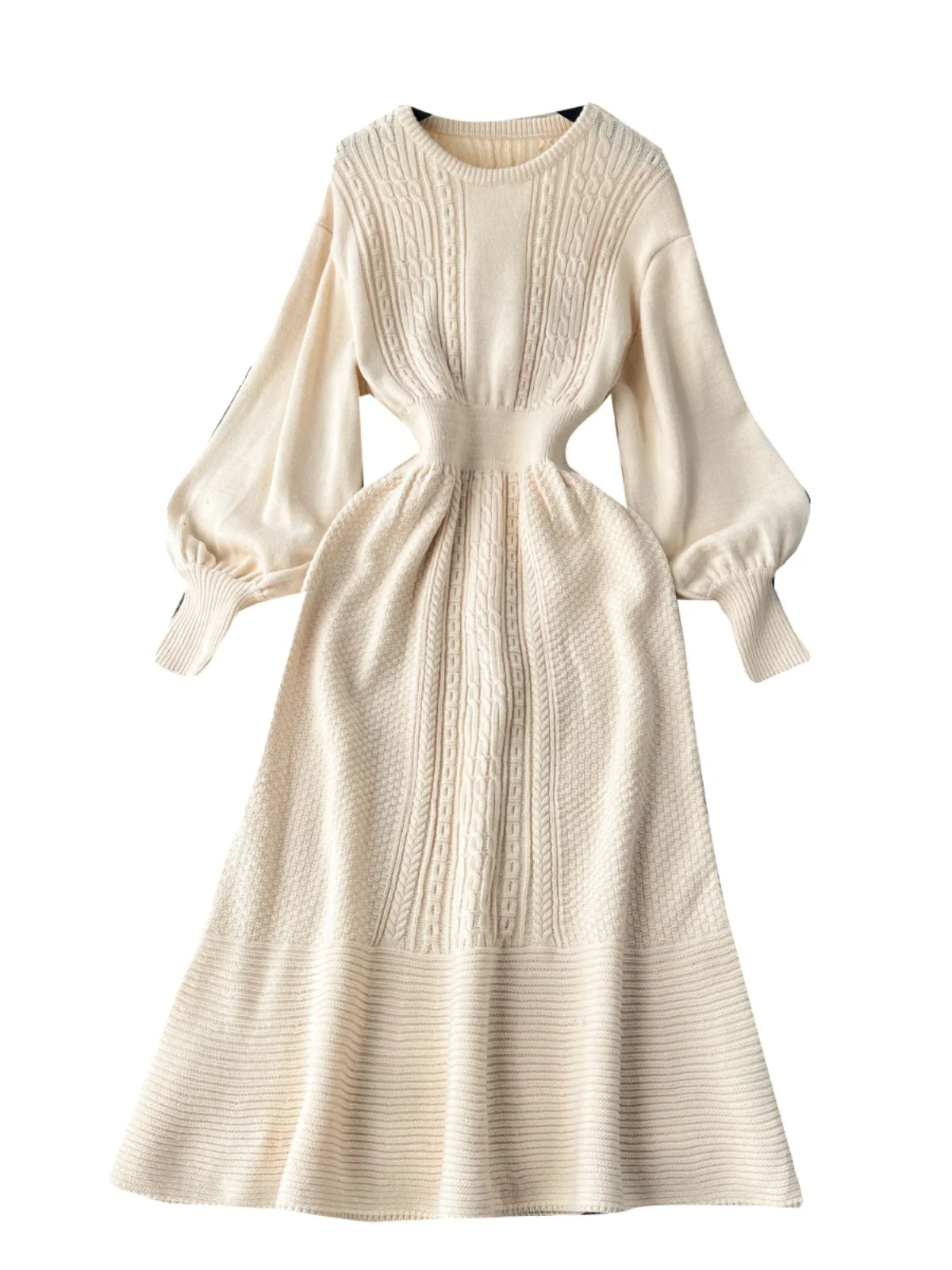 French Vintage Autumn Winter Black Beige Elegant Long Sleeve Vacation Knit Dress Women Khaki Round Neck High Waist Office Dress