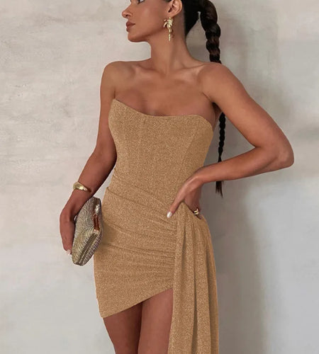 Elegant Strapless Lace-up Mini Dress For Women Robe 2023 New Off-shoulder Sleeveless Ruched Party Short Dress Vestido