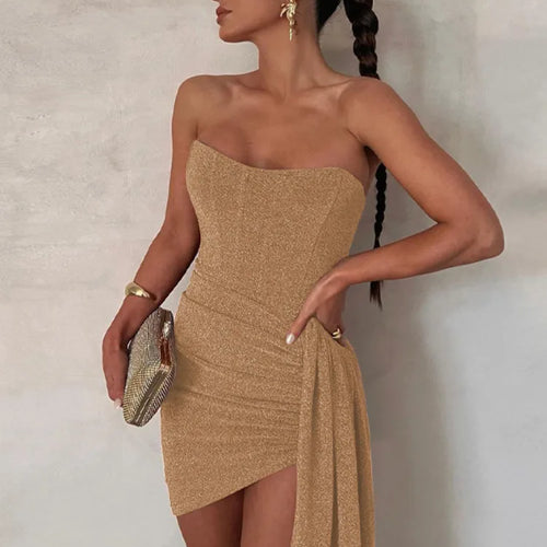 Load image into Gallery viewer, Elegant Strapless Lace-up Mini Dress For Women Robe 2023 New Off-shoulder Sleeveless Ruched Party Short Dress Vestido
