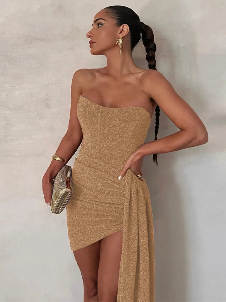 Elegant Strapless Lace-up Mini Dress For Women Robe 2023 New Off-shoulder Sleeveless Ruched Party Short Dress Vestido