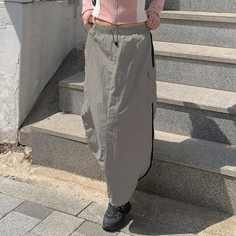 orpcore Casual Tech Stripe Cargo Skirt Women Harajuku Stitching Straight Long Skirt Pockets Loose Elastic Waist