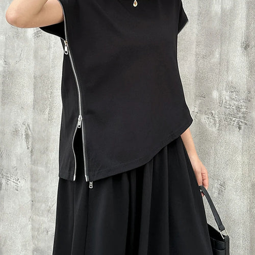 Load image into Gallery viewer, Black Zipper T-shirt Half-body Skirt Two Pieces Suit New Round Neck Sleeveless Women Fashion Spring Summer 2025  1DJ1016
