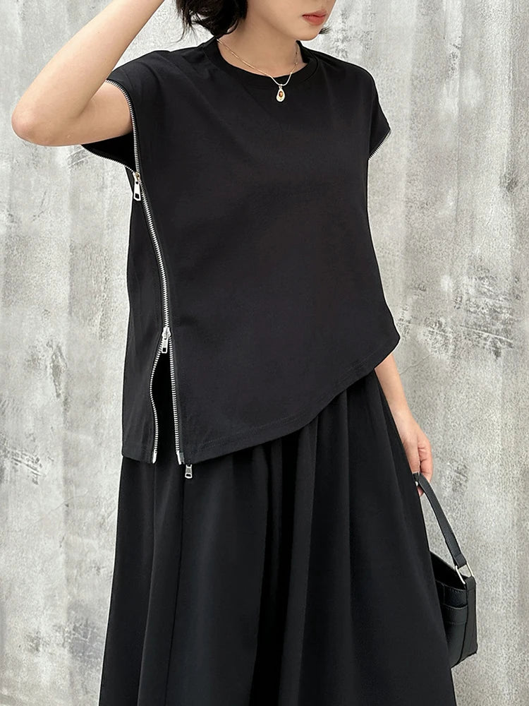 Black Zipper T-shirt Half-body Skirt Two Pieces Suit New Round Neck Sleeveless Women Fashion Spring Summer 2025  1DJ1016