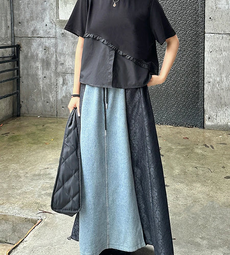 High Elastic Waist Black Lace Denim Color-block A-line Half-body Skirt Women Fashion Tide New Spring Autumn 2025 1DJ1293