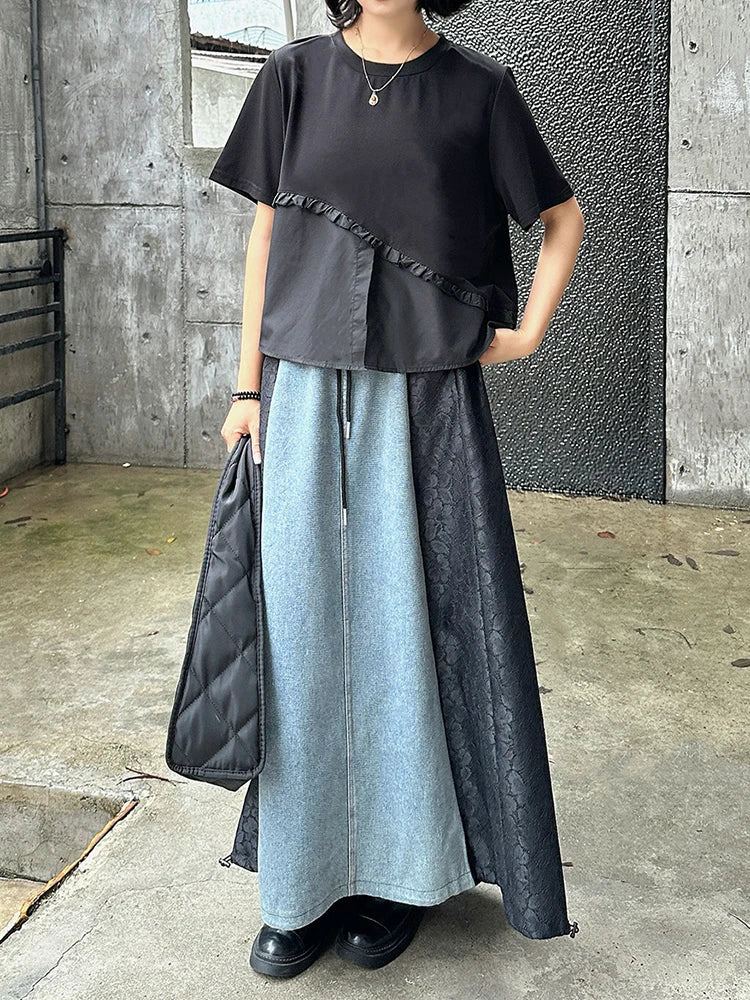 High Elastic Waist Black Lace Denim Color-block A-line Half-body Skirt Women Fashion Tide New Spring Autumn 2025 1DJ1293