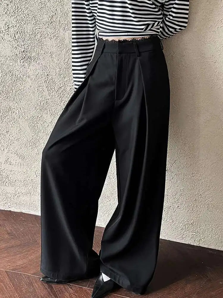 High Waist Black Lace Spliced Pleated Long Wide Leg Pants New Trousers Women Fashion Tide Spring Autumn 2025 1DJ0100