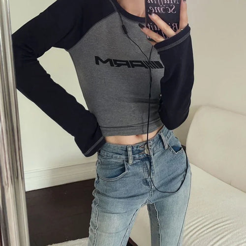 Load image into Gallery viewer, American Retro Y2k Slim T-shirts Women Patchwork Long Sleeve Top Female Fashion Lette Tshirt Casual Top Streetwear

