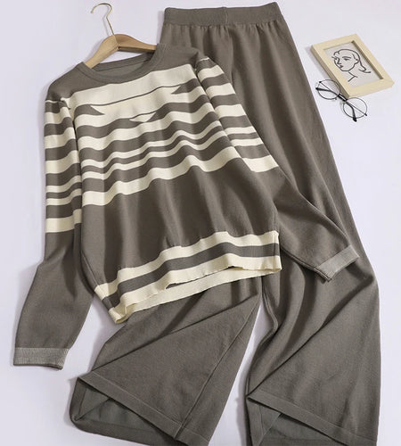 Women New Two Pieces Suit Autumn Striped Patchwork Long Sleeved Round Neck Pullover Tops + High Waist Straight Wide Leg Pant Set