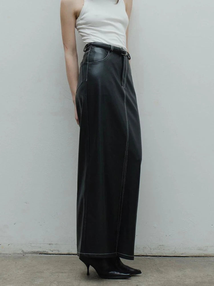 Solid Slimming Temperament Leather Skirts For Women High Waist Spliced Pockets Split Hem Skirt Female Fashion