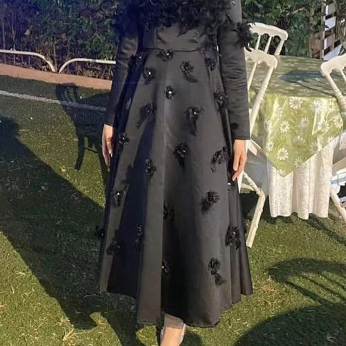 Load image into Gallery viewer, Elegant Spliced Appliques A Line Dress For Women Round Neck Long Sleeve High Waist Temperament Slimming Dresses Female
