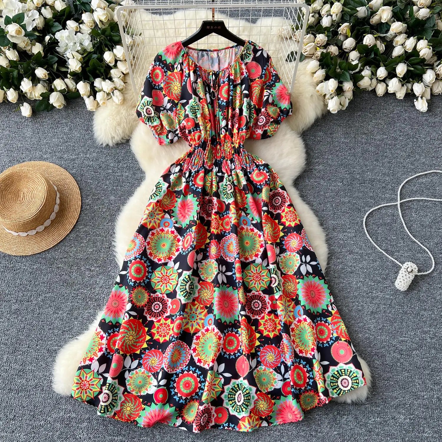 French Retro Women Print Vacation Long Dress 2024 Summer High Waist Round Neck Short Sleeved Lace-up Pleated Dress Bohemian Chic