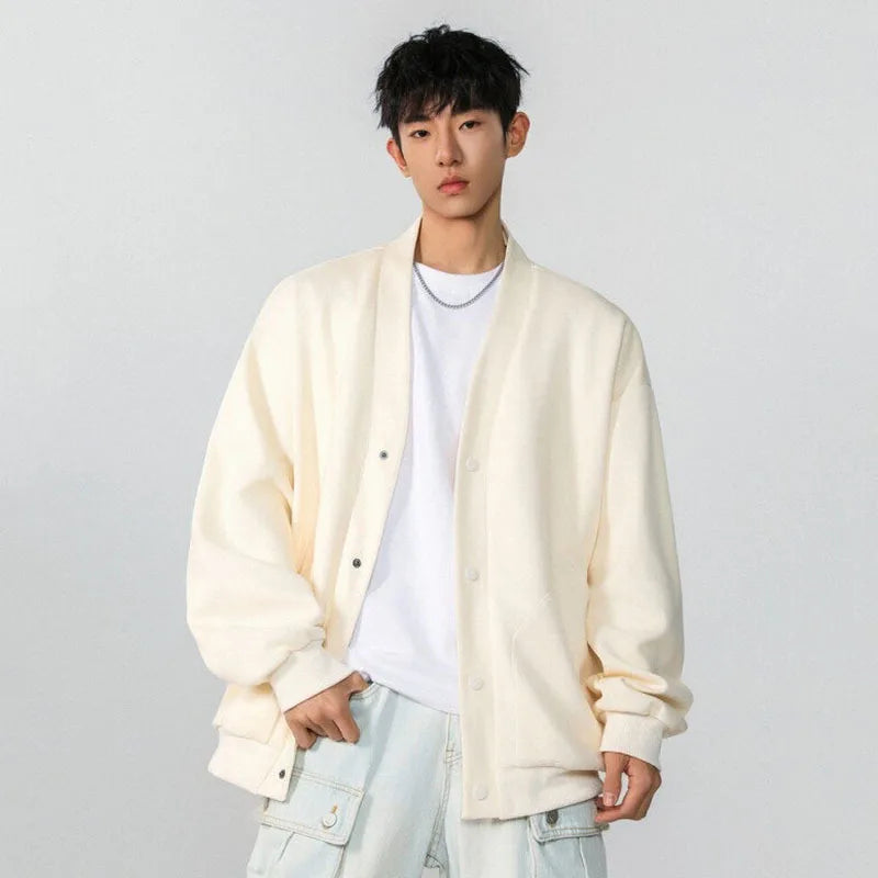 Fashion Men's Sweatshirts V-neck Single Breasted Solid Color Casual Menswear Loose Pocket Male Coats Korean Chic 9W1239