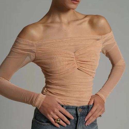 Load image into Gallery viewer, Summer Mesh Off-shoulder T-shirt Women Fashion Pleated Bust Backless Tees Tops Female Elegant Strapless See Through Top
