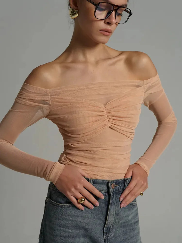 Summer Mesh Off-shoulder T-shirt Women Fashion Pleated Bust Backless Tees Tops Female Elegant Strapless See Through Top