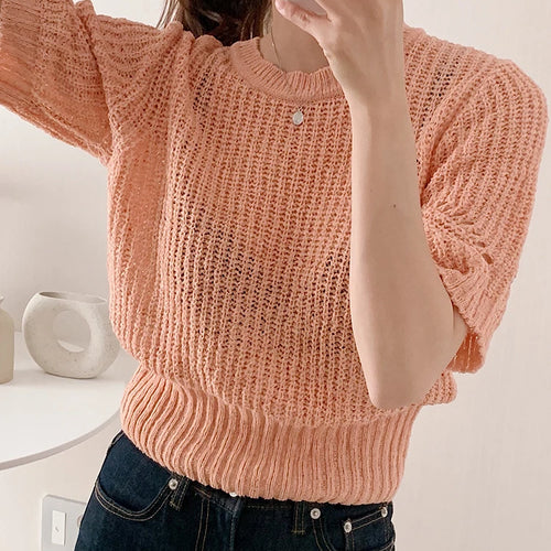 Load image into Gallery viewer, Classic Solid Color Chic Hollow Out Knitted Women T-shirts O-neck Elegant Fashion Female Summer T-shirt Casual Sweater Pullover
