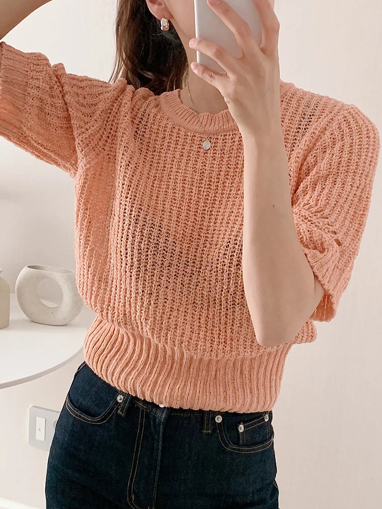 Classic Solid Color Chic Hollow Out Knitted Women T-shirts O-neck Elegant Fashion Female Summer T-shirt Casual Sweater Pullover