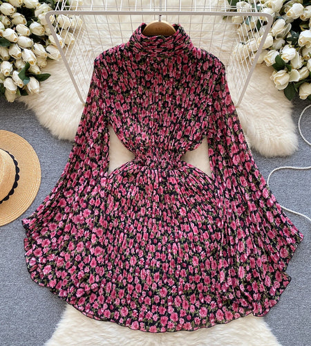 French Women Elegant Floral Print Half High Collar Slim Midi Dress 2023 Autumn Flared Long Sleeve Fashion Vacation Pleated Dress