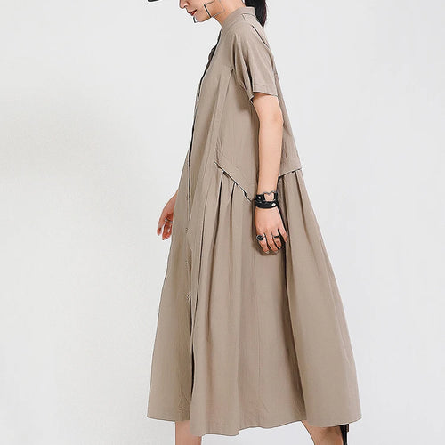 Load image into Gallery viewer, Women Army Green Pleated Elegant Long Shirt Dress New Stand Collar Short Sleeve Fashion Tide Spring Summer 2025 1DE8985
