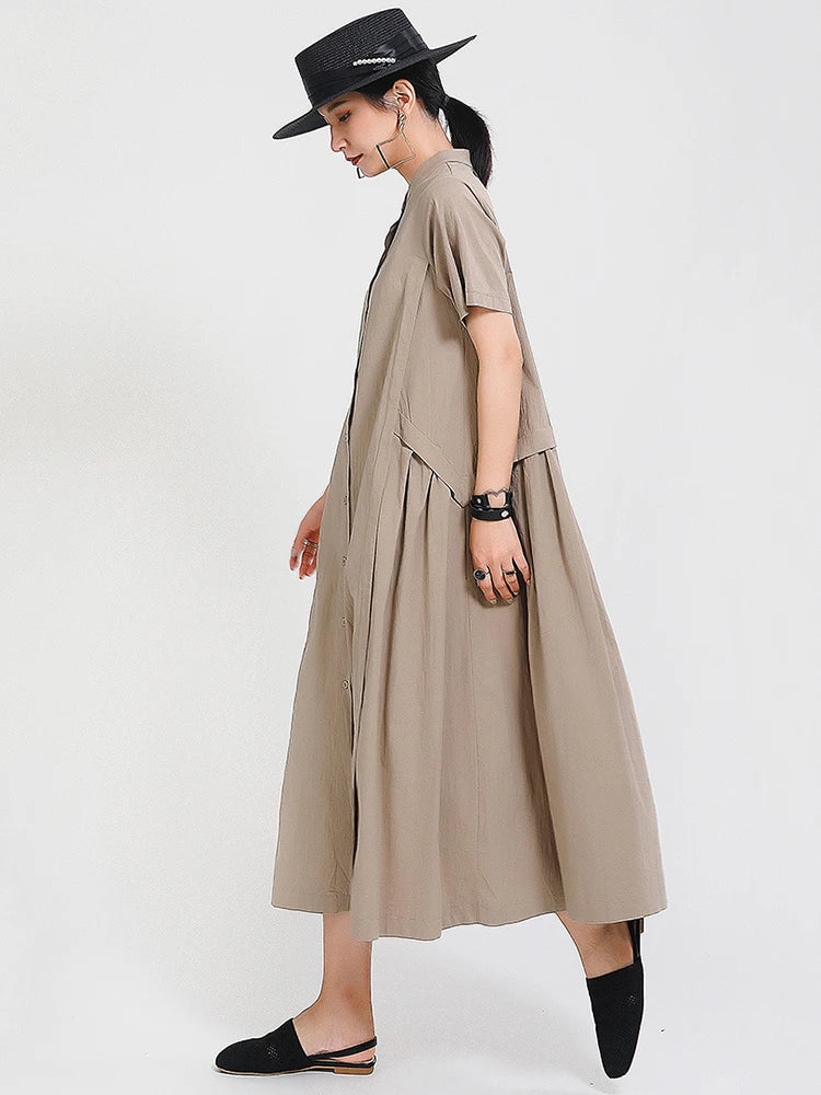Women Army Green Pleated Elegant Long Shirt Dress New Stand Collar Short Sleeve Fashion Tide Spring Summer 2025 1DE8985