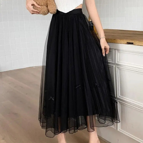 Load image into Gallery viewer, Women Solid Sweet Long Skirt 2023 New Korean Fashion Bow Elegant A Line Elastic High Waist Party Pleated Mesh Skirt Female Retro
