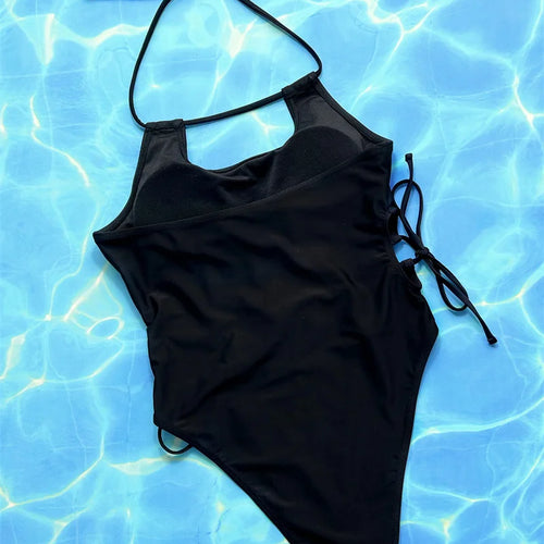 Load image into Gallery viewer, Black Halter One Piece Swimsuit 2024 Drawstring Swimwear for Women Sexy Hollow Out Bathing Suit High Waist Monokini
