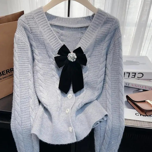 Load image into Gallery viewer, Autumn Winter French Solid Elegant V Neck Bow Single Breasted Short Sweater Women New Long Sleeved Slim Knitted Tops 2024 Trendy
