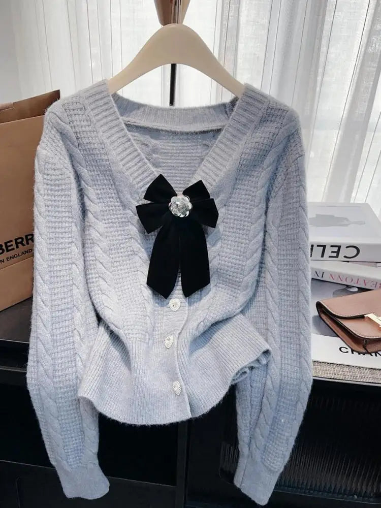 Autumn Winter French Solid Elegant V Neck Bow Single Breasted Short Sweater Women New Long Sleeved Slim Knitted Tops 2024 Trendy