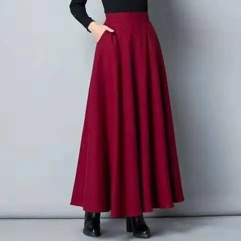 Load image into Gallery viewer, Autumn Winter Black Gray Large Size Woolen Long Skirt Women Fashion Korean Ladies Red High Waist Festival Pleated A-line Skirts
