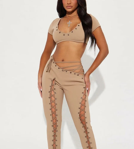 Coquette Sexy 2piece Set Women Hipster Halter Camisole+Shirring Hollow Pants Midnight Matching Stretch Clubwear Outfits