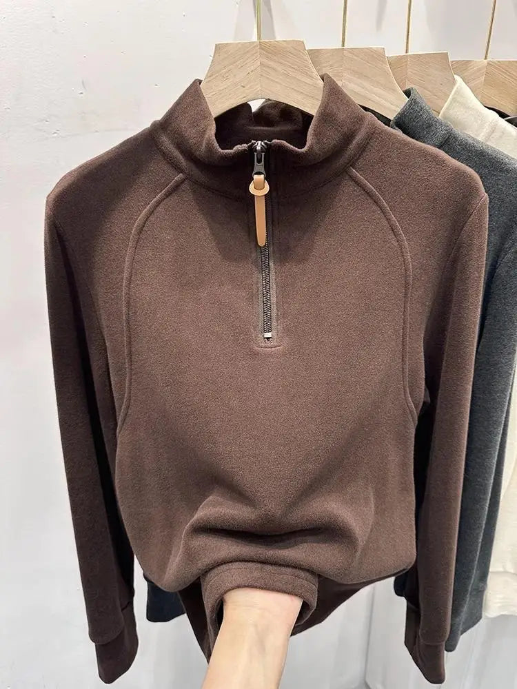 Autumn Winter Korean Fashion Solid Half Zipper Stand Pullover T Shirt Women Long Sleeved Tops 2024 Simplicity Versatile Clothing