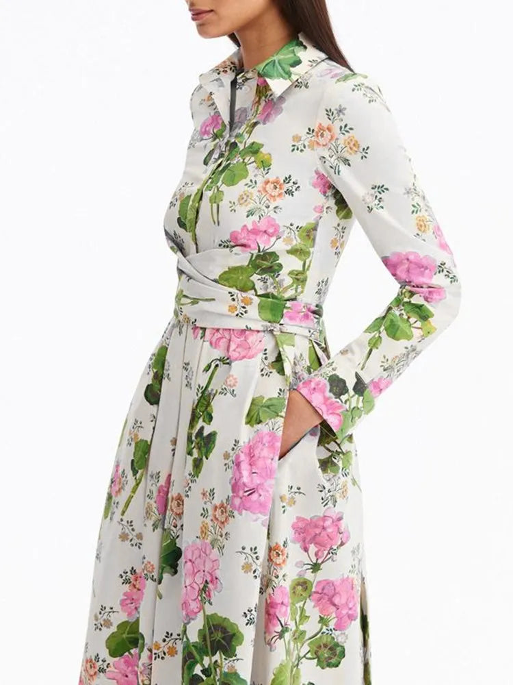 Elegant Colorblock Print Dress For Women Lapel Long Sleeve High Waist Spliced Lace Up Dresses Female Fashion Clothing Style