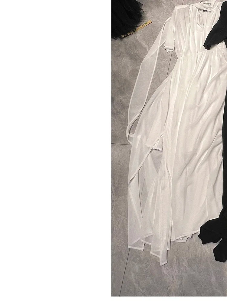 Solid Hollow Out Loose Dresses For Women O Neck Short Sleeve High Waist  Temperament Long Dress Female Fashion New