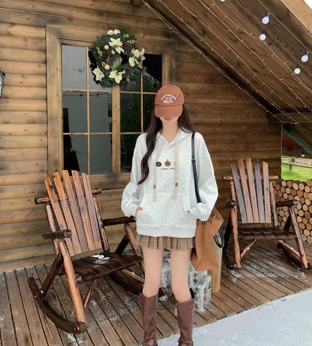 Autumn Winter Women Grey Embroidery Drawstring Hoodie Tops Korean Fashion Casual Street Vacation Cotton Velvet Sweatshirt Thick