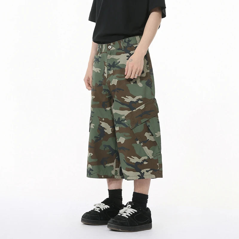 American Style Men's Jeans Camouflage Side Pockets Patchwork Design Casual Straight Wide Leg Baggy Male Denim Shorts 9W1271