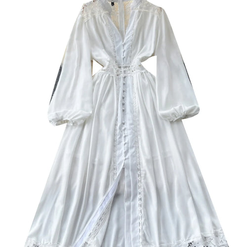 Load image into Gallery viewer, Vintage Women White Patchwork Lace Elegant High Waist Dresses Autumn Round Neck Long Sleeve Single Breasted Evening Party Dress
